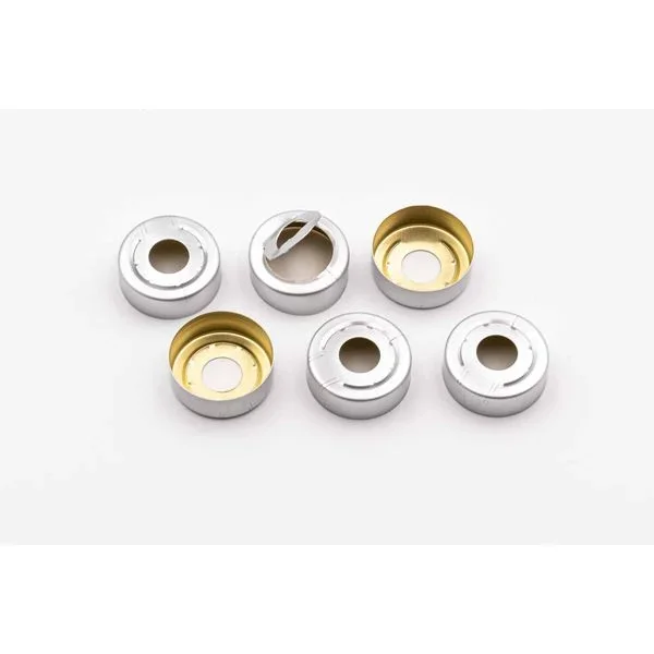 20 mm Headspace-Kappe mit Überdrucksicherung, farblos lackiert, mit Loch, Septum Butyl grau/PTFE grau, 50° shore A, 3 mm (Stanzscheibe), 10 x 100 St/Pkg