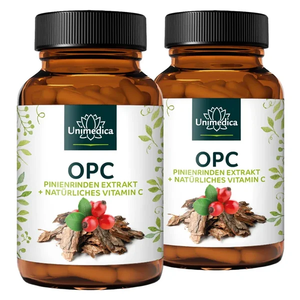 2er-Sparset: OPC Pinienrinden Extrakt + Vitamin C - 500 mg Pinienrinden-Extrakt pro Tagesdosis (1 Kapsel) - davon 200 mg OPC - 2 x 120 Kapseln - von Unimedica